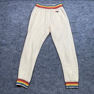 Aviator Nation Mens Rainbow Striped Sweatpants Cream Joggers Size S Made in USA